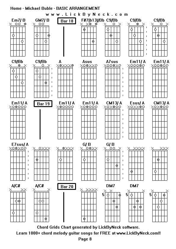 Chord Grids Chart of chord melody fingerstyle guitar song-Home - Michael Buble - BASIC ARRANGEMENT,generated by LickByNeck software.